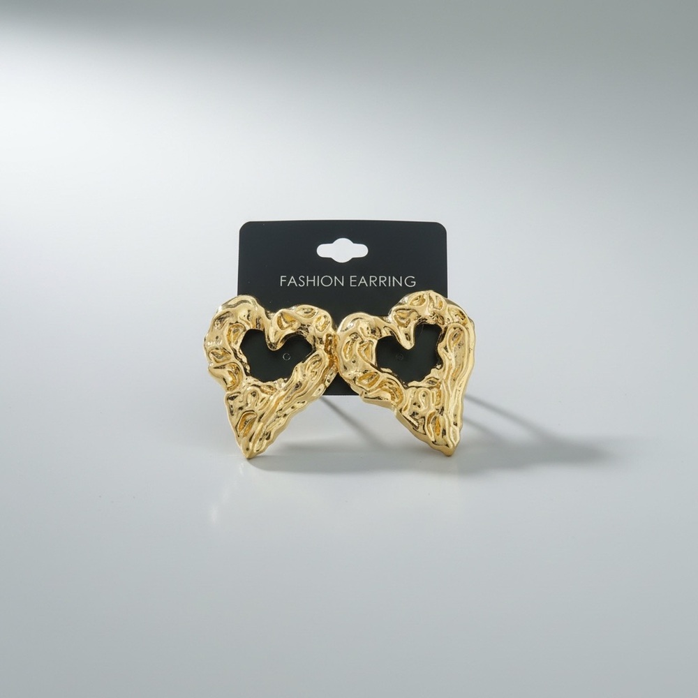 Textured Gold Toned Heart Earrings